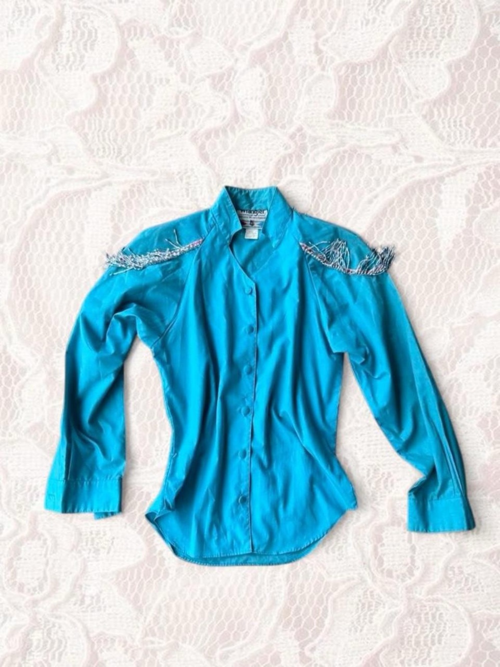 Wrangler Bright Turquoise Button-Down Shirt with Shoulder Fringe